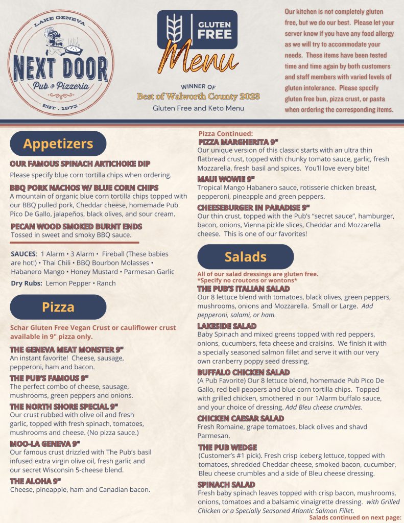 Gluten Free Menu